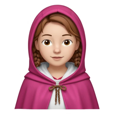 a 12 year old girl with fair skin, freckles, and brown hair done in French braids that come down to her breasts. she has a red hooded cape with the hood drawn. she has big, brown eyes and normal eyebrows. she has a pretty white t-shirt under her cloak. she has a warming smile with pale pink lips sticker