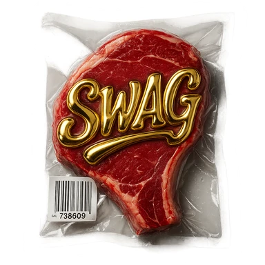 steak with gold cursive 'SWAG' lettering, shiny and inflated sticker