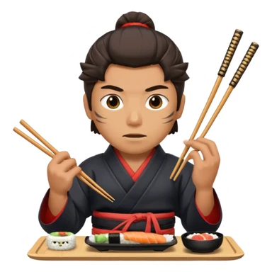 Man with wide eyes eating sushi in a samurai outfit sticker