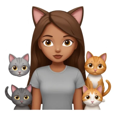 a pretty bratz dusky girl with long brown hair with six cats nd wearing a grey tshirt sticker