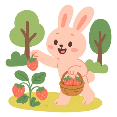 A sweet pastel red soft pastel style illustration of a bunny picking strawberries in the woods, gentle and cute, transparent background sticker