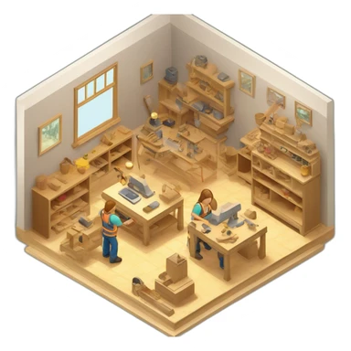 isometric square transparent solid outline border containing indoor woodshop people actively working bright neutral colors sticker