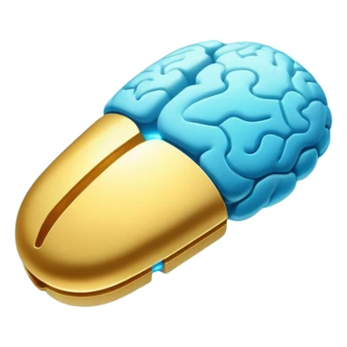 Glowing golden omega pill floating in ethereal blue waves, connected to a luminous brain by streams of light. The brain pulses with enhanced neural activity, with the entire scene having a mystical, flowing quality and soft radiance. sticker