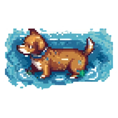 dog swimming in water, pixel art style, retro, blocky sticker