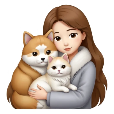 A Chinese fashion girl with brown hair, wearing a light gray fur coat, hugging a Shiba Inu and a long-haired white Persian cat. sticker
