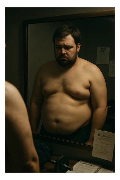 Overweight man in his 30s standing shirtless in front of a mirror, looking disappointed and unhappy. His body shows signs of failed body recomposition: excess fat, no visible muscle gain. Dim lighting, somber mood. The mirror reflects both his physical state and emotional frustration. Messy gym gear and diet plans scattered in the background, symbolizing efforts that didn’t work. Expression: frustration, sadness, self-reflection sticker