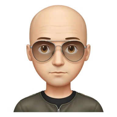 Oval-faced man with large forehead, aviator sunglasses with metal frame, extremely short dark hair with completely bald sides (skin fade), light tan skin, friendly neutral expression, black shirt sticker