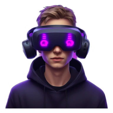 Russian young man wearing a black hoodie with "OMG" letters on it and VR headset in a cyberpunk VR environment with violet neon lighting. sticker