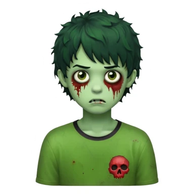 Boy, zombie, green skin, black curly wavy hair with bangs, short , round shaped hair, emo, dark, bored expression sticker