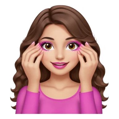 girl with long wavy brown hair, brown eyes, long lashes makeup, sexy pink lips, light to medium complexion, wearing a pink sexy top, smiling, hands covering over the eyes sticker