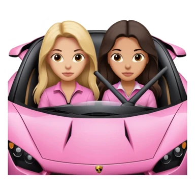 Make car far away so I can see full car Car facing forward in sports car. Make hair long  two girls in car far away Front of car sitting in the seats. Make it a pink sports car. They are two baddies make it a Lamborghini pink car  sticker