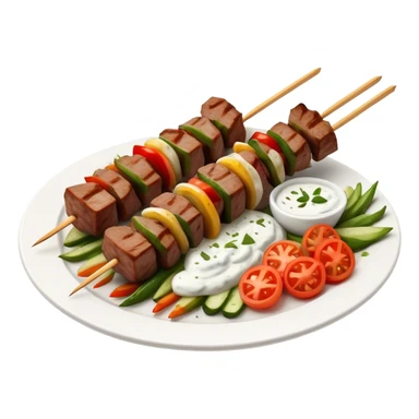 Cinematic Realistic Souvlaki Dish Emoji, showcasing skewered, grilled meat with Mediterranean spices rendered with dynamic textures and warm, appetizing lighting. sticker