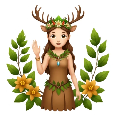 forest fairy woman dressed as deer spirit, antler crown and leaf dress, standing in flowers sticker