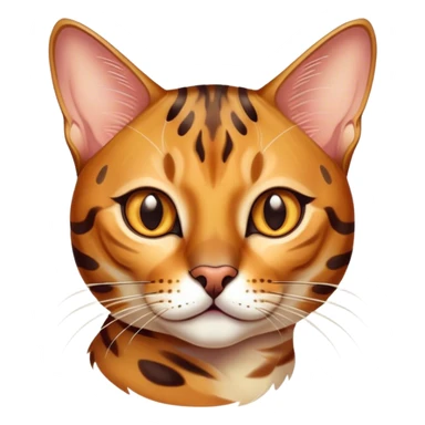 Cinematic Bengal Cat Portrait Emoji, Elegant and striking, sleek spotted brown and gold tones, Simplified yet sharp features, highly detailed, glowing with a warm, confident glow, high shine, playful and curious, stylized with an air of grace, focused and attentive, soft glowing outline, capturing the essence of agility and confidence, so lifelike it feels as though it could spring into motion at any moment! sticker