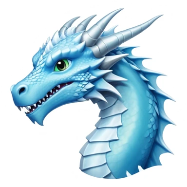 Cinematic Noble elegant Ice Dragon Portrait Emoji, Poised and imposing, distinct long elegant snout, with a slender, scaled body shimmering in glacial hues of icy blue, frostbitten silver, and crystalline white, breathing out frost, with piercing, glowing eyes that radiate the chilling depths of an arctic storm; rendered in detail. sticker