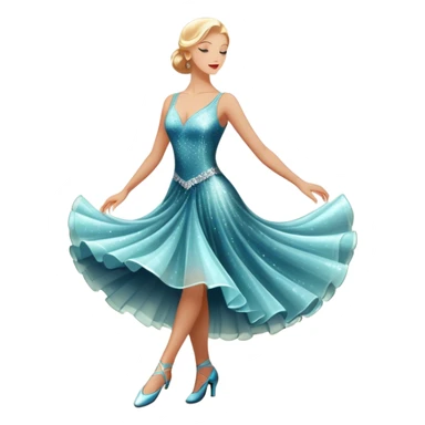 Humanless Icon for Ballroom Dance: elegant ballroom dance shoes, a sparkling dress, and a dance floor with a spotlight. The icon should capture the grace and elegance of ballroom dancing, with emphasis on movement and rhythm. Transparent background. sticker
