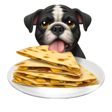 a black bulldog eating some quesadillas sticker