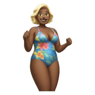 A big woman in a bathing suit on the beach with  sticker