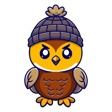 golden owl with shiny feathers. With a knitted hat in head  sticker