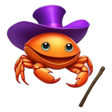 Big orange crab with a purple magician tophat and holding a stick sticker