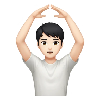 Black-haired male idol with arms raised above his head, K-pop style, energetic pose sticker