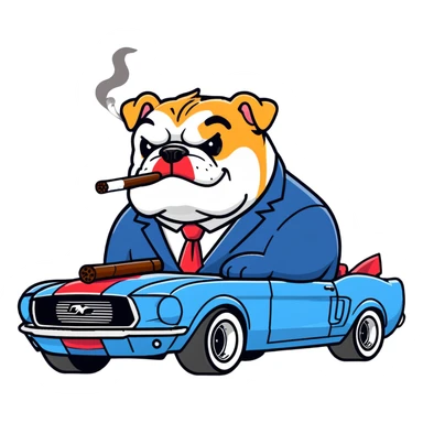 Big fat bulldog driving a Mustang GT500 smoking a big fat cigar with long shaggy head wearing a suit nice and funky sticker