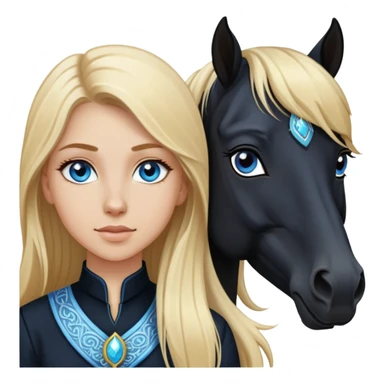 White girl, long blonde hair, beautiful blue eyes, next to a black Arabian horse sticker