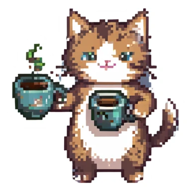 joyful dancing cat holding coffee, pixel art style sticker