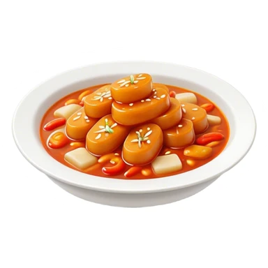 Cinematic Realistic Tteokbokki Dish Emoji, showcasing spicy, chewy rice cakes in a fiery sauce rendered with lifelike detail and bold, dynamic lighting. sticker