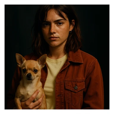 Netflix series style, rebellious woman, tanned skin, freckles, pale yellow shirt #FFF8CA, rust jacket, medium-length brown auburn hair, holding beige-brown chihuahua, dark background sticker