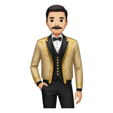 fashionable man with a mustache, slicked-back hair, ornate gold and black jacket, black shirt, and pants, standing confidently sticker
