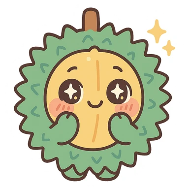 chibi-style round durian character, green spiky shell, yellow flesh, sparkly eyes, pastel colors, holding its cheeks in shyness sticker