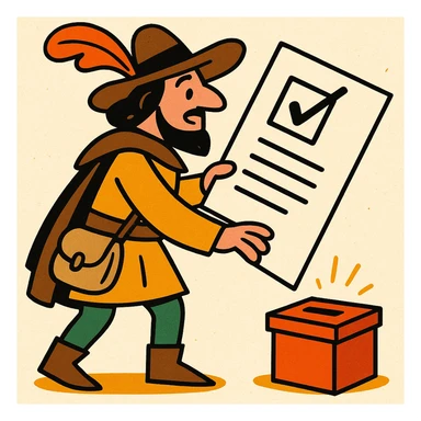 medieval pilgrim dropping a giant ballot into a tiny box, comical, vibrant toon style sticker