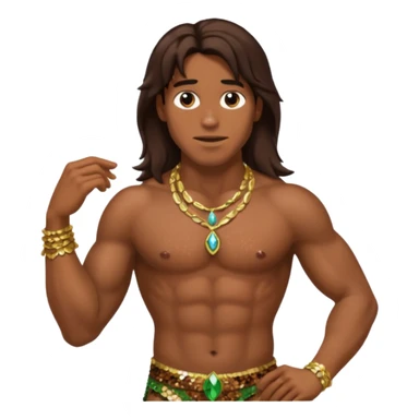 Tarzan with long dark brown hair, brown sequin loincloth, shirtless with necklace sticker