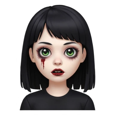 uma garota gotica zumbi no formato Memoji da apple com o cabelo cumprido, preto liso e com franja, blusa preta, olhos pretos  sticker