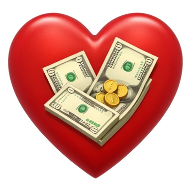 "Realistic HD heart fully merged with money, red glossy heart seamlessly fused with cash textures and gold tones, glowing dramatic light, symbolizing love and wealth becoming one, white background." sticker