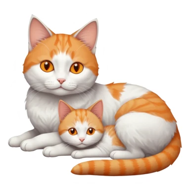 full body of a grey and white cat cuddling a very small + skinny ginger and white kitten with deep orange eyes and triangular shaped face lying down sticker