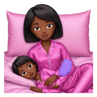 Dark skin Black barbie, short  black bob  hair, pink pajamas in bed sleeping  sticker