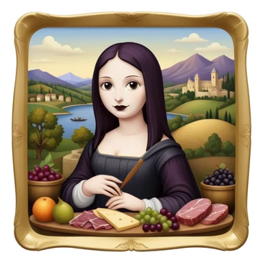  goth mona lisa with SPAM MEAT charcuterie and fruit tray renaissance landscape sticker