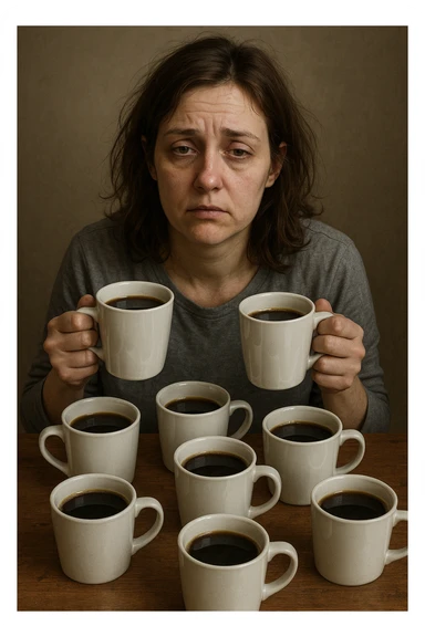 donna con stanchezza cronica distrutta e stanca che si fa tanti caffè sticker