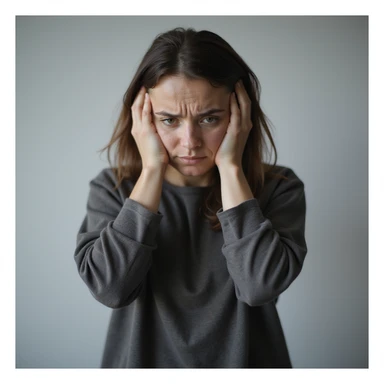 woman standing, very tired appearance, dull eyes, dark circles, slouched posture, hands on temples or holding head, signs of chronic fatigue, vertical 9:16 format, hyperrealistic 4K details, isolated white background sticker