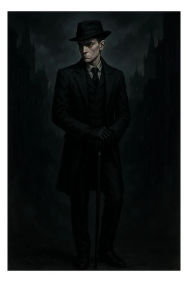 Kaz Brekker from Six of Crows, full body, leaning on cane, black gloves, dark tailored suit, shadowy city background sticker