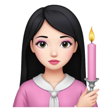 A gurl with black hair pink cloth make up holding a white candle sticker
