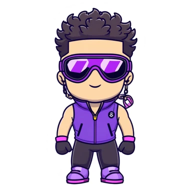 male athlete with white skin and moderately curly black hair on top with shaved sides, wearing ski goggles with purple frames and very dark black lenses, a simple plain black chain necklace, and a completely unzipped sleeveless vest with purple and black sequin fire pattern design, fully revealing his chest, shoulders and arms, no earrings sticker