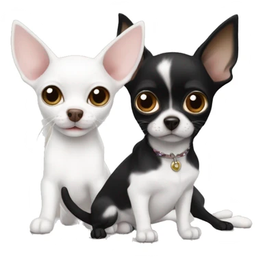 A white cat with a black spot on its nose next to a Black Chihuahua with white lightning strike marking in chest next to a smaller brown tab and white Chihuahua pup sticker