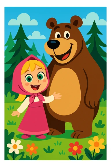 cheerful little girl with big green eyes and blonde hair, wearing a pink dress and headscarf, standing next to a large friendly brown bear, both smiling in a vibrant cartoon forest with tall pines and flowers, bright and clean background sticker