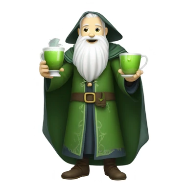 a wizard with a white beard drinking matcha tea. His full body is shown sticker