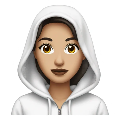 a beautiful brunette with long black eyelashes, plump lips in a white hooded sweatshirt with a zipper sticker
