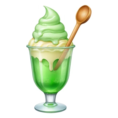 Create an emoji with a clear rounded glass, bright transparent green soda, vanilla ice cream scoop sticker