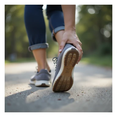 realistic 4K woman in casual clothing walking outdoors, stopping to massage foot with visible insole in shoe, showing discomfort sticker